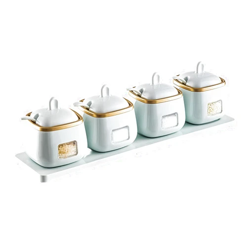YMYL Set of 4 Condiment Jars with Lids, Spoons and Tray, Kitchen Salt Containers Coffee Sugar Bowls Seasoning Jars for Salt, Sugar, Pepper, Coffee, Spice (Light Blue)