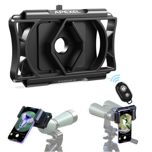 APEXEL 360° Telescope Phone Adapter, Upgraded Binocular Photo Adapter for Android & iPhone, Smartphone Mount for Telescope, Monocular, Microscope, Spotting Scope. (Including Bluetooth Shutter Remote)
