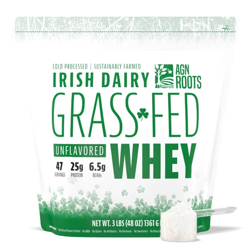 AGN Roots Grass Fed Whey Protein Powder Isolate - Unflavored - Unsweetened - Certified Entire Life On Pasture - A Greener World - ASPCA Registered Brand List - Informed-Sport - 3lbs