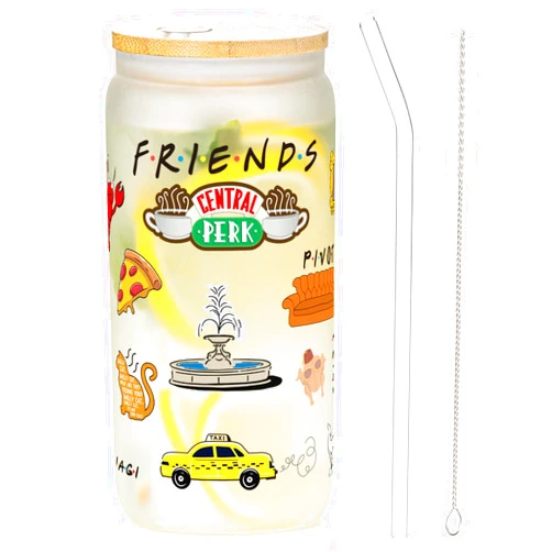 PuGez Friends Glass Cup with Lid and Straw, Friends TV Show Merchandise, Friends Gifts for Fans, Friends TV Show Gifts, Friends Merchandise Gifts, 16 Oz Friends Can Glass Drinking Glasses