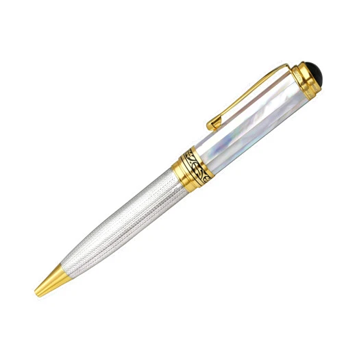 Xezo Maestro Twist Action Ballpoint Pen, Medium Point. Oceanic White Mother of Pearl with 925 Sterling Silver and 18 Karat Gold Plating. Handcrafted, Limited Edition, Serialized