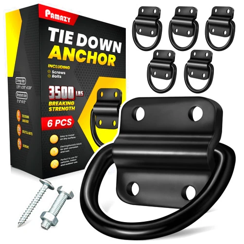 PAMAZY 6PCS Heavy Duty Steel D Rings Tie Down Anchors, Ultra Durable 3500 Pound Breaking Strength Surface Mount Hooks Securing Cargo for Trailer, Truck Bed, with Screws & Bolts