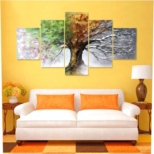 Yzbz 5 Panel Canvas Painting Home Decoration Modular Hd Printed Four Season Tree Artwork Living Room Wall Pictures Poster-size1-Framed