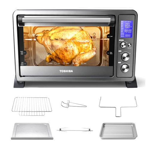 TOSHIBA AC25CEW-BS Large 6-Slice Convection Toaster Oven Countertop, 10-In-One with Toast, Pizza and Rotisserie, 1500W, Black Stainless Steel, Includes 6 Accessories