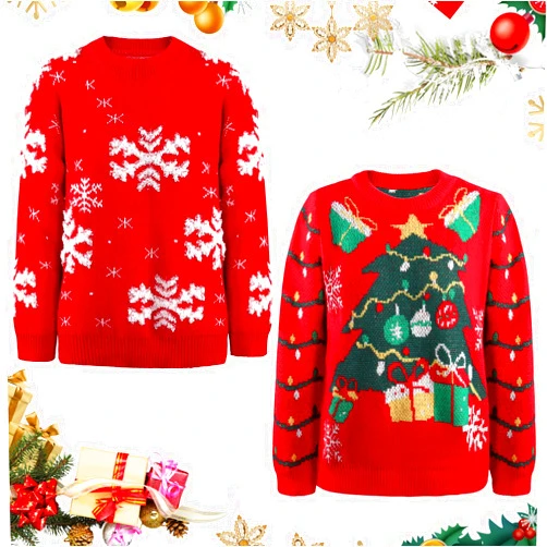 Geyoga 2 Pcs Ugly Christmas Sweater Women Reindeer Snowflakes Sweaters Pullover Round Neck Knitted for Men Women(Red)