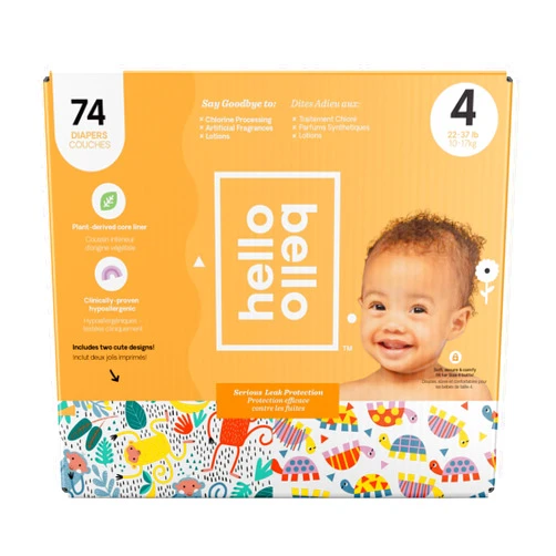 Hello Bello Diapers, Size 4 (22-37 lbs) - 74 Count of Premium Disposable Baby Diapers in Monkeys & Turtles Designs - Hypoallergenic with Soft, Cloth-Like Feel