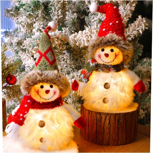 Juegoal 2 Pack Christmas Table Decorations, 10 Inch Lighted Plush Snowmen Figurines, Light Up Snowman Holiday Present, Battery Operated Xmas Gifts Tabletop Ornaments Dinner Party Supplies, Brown Brim