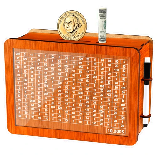 WenmthG 10000 Larger Size Savings Challenge Box - Cash Vault Wooden Money Savings Box for Adults Kids - Kakeibo Money Bank - Wooden Cash Coin Piggy Bank with Counter and Dry Erase Pen - Brown
