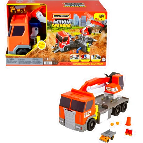 Matchbox Cars Playset, Action Drivers Transforming Excavator, Large Toy Truck, 1:64 Scale Construction Vehicle & 4 Accessories