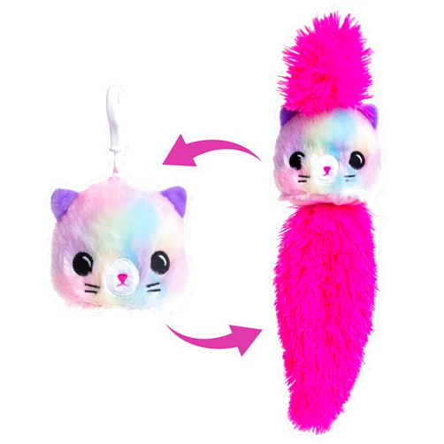 KIDS PREFERRED Tuck 'n Tails Kitty Stuffed Animal, Clip On Toy with Hair That Tucks in and Pulls Out, Multicolor