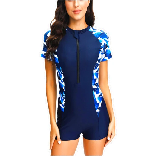 XUNRYAN One Piece Swimsuits Women Boyleg Zipper Rash Guard Short Sleeves Sun Protection Surf Athletic Sport Bathing Suits