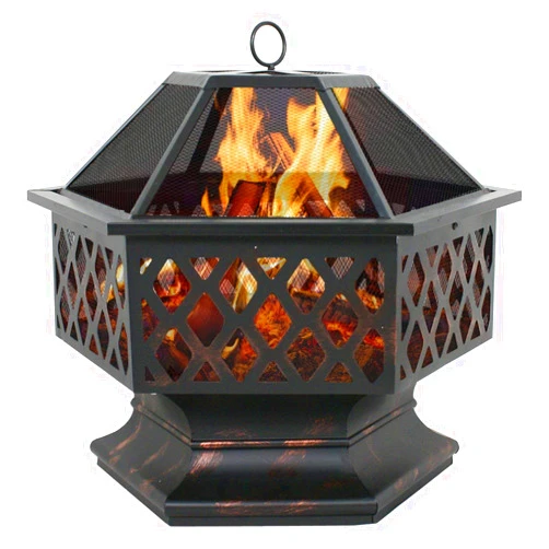 LEMY Hex Shaped Fire Pit Wood Burning Fireplace Firepit Bowl with Spark Screen Cover Patio Backyard Heater Steel 24