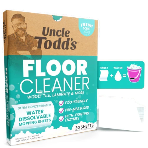 Uncle Todd's Ultra Concentrated Floor Cleaner For Mopping: 30 Natural, 100% Dissolvable Sheets for Mopping – Hardwood & Wood Floor Cleaner with Filth-Fighting Enzymes, Plastic-Free Packaging