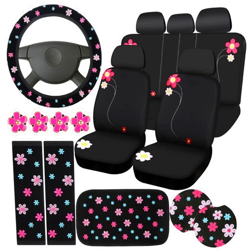 BBTO 19 Pcs Embroidery Cute Car Accessories Set Include Seat Covers, Steering Wheel Cover, Air Vent Clips, Cup Mats, Center Console Pad, Seat Belt Cover for Women Car Decor(Flower)