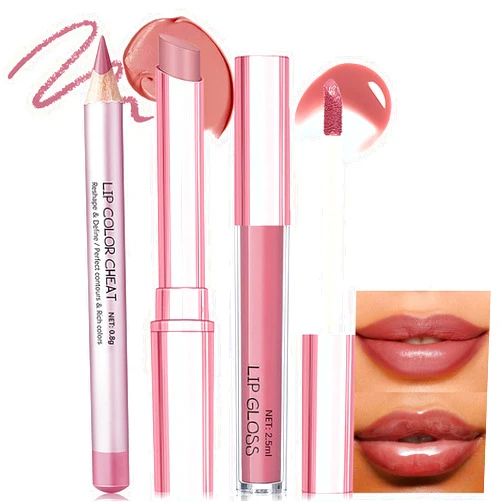 Wugbc Nude Pink Lip Kit - Matte Lipstick Cream Lip Liner and Gloss Set High Pigment Plumping Lip Pencil Moisturizing Lightweight Liquid Lipstick Smooth Buildable Long Lasting Lip Combo Makeup