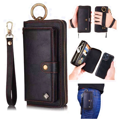 LITOU AIFENGCASE Compatible with iPhone 13 Pro Phone Wallet Case for Women Men,Wristlets Clutch Zipper Leather Pouch Wallet Case Card Holder Magnetic Detachable Back Cover,Black