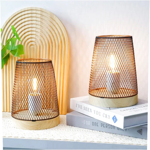 JHY DESIGN Set of 2 Metal Mesh Table Lamp LED Cordless Lamp Battery Powered with 6-Hours Timer Feature Modern Battery Lamp 7''H with Edison Bulb for Indoor Garden Party Balcony(with Wooden Base)