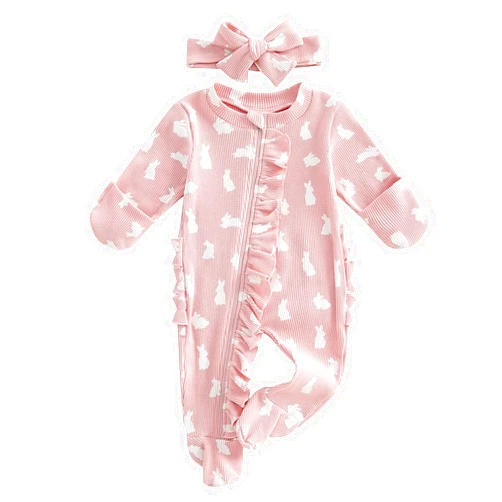 YINGISFITM My First Easter Baby Girl Boy Outfit Footie Romper Waffle Knit Zipper Onesie Jumpsuit Newborn Easter Clothes