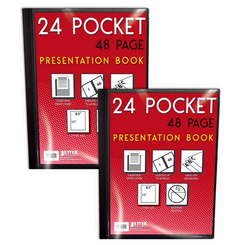 Better Office Products 24 Pocket Bound Presentation Book, Black, Clear View Front Cover, 48 Sheet Protector Pages, 8.5