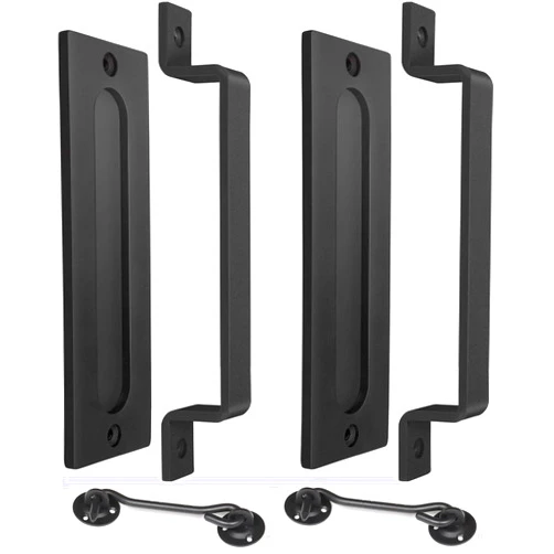 J JHOUSELIFESTYLE Barn Door Handles 2 Pack - Heavy Duty Barn Door Black Matte Pull Handle with Lock Latch
