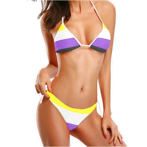 HJJKLLP Women Bisexual Pride Flag Two Piece Halter Padded Top Triangle Bikini Set with Tie Side Bottom Bathing Suits