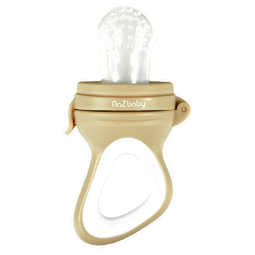 RaZbaby Baby Fruit Feeder/Food Feeder Pacifier, Infant Teething Toy Teether 6M+, Add Baby's Favorite Frozen Fruit or Fresh Food for Teething Relief, Silicone Pouch/Nipple, BPA Free, Tan