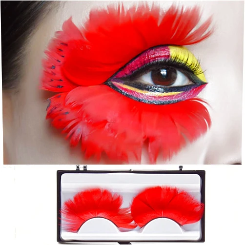Aimeely Women Exaggerated Feather Handmade Long False Eyelashes Red