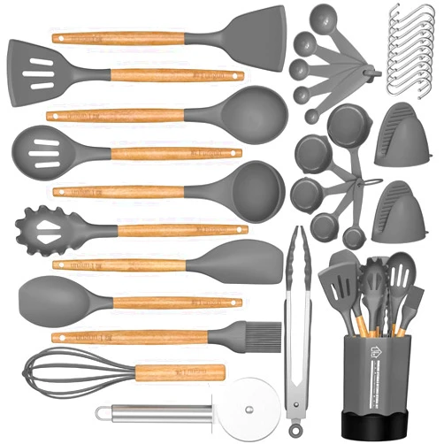 Fungun Silicone Cooking Utensil Set, 35 Pcs Kitchen Utensils by Fungun, Non-stick Heat Resistant Kitchen Gadgets Cookware with Natural Wooden Handle -(Gray)