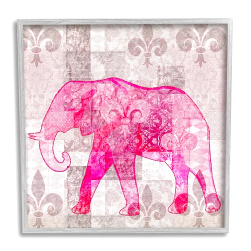 Stupell Industries Fleur De Lis Pink Elephant Pattern Framed Giclee Art, Design by Andrea Haase