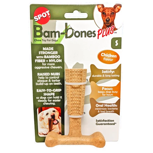 SPOT Bam-Bones Plus T Bone - Bamboo Fiber & Nylon, Durable Long Lasting Dog Chew for Aggressive Chewers – Great Toy forAdult Dogs & Teething Puppies Under 30lbs, Non-Splintering, 4in, Chicken Flavor