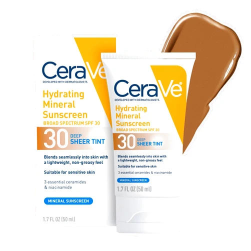 CeraVe Hydrating Mineral Sunscreen SPF 30 with Sheer Tint, Tinted Mineral Sunscreen with Zinc Oxide & Titanium Dioxide, Blends Seamlessly For Healthy Glow, Deep, 1.7 Oz
