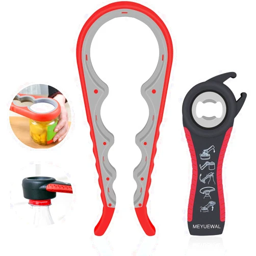 MEYUEWAL Jar Opener, 5 in 1 Multi Function Can Opener Bottle Opener Kit with Silicone Handle Easy to Use for Children, Elderly and Arthritis Sufferers (Apple Red）