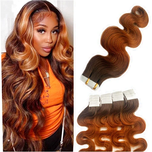 Valiilo Body Wave Human Hair Tape in Extensions 24 Inch Ombre Brown to Medium Auburn Remy Tape in Human Hair Extensions Real Human Hair Skin Weft Adhesive Glue in Extensions 20pcs 50g for Women