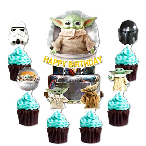 ROSUDA Star Wars Cake Toppers,Baby Child Cake Toppers,25pcs Cupcake Toppers,Baby Child Birthday Party Supplies Cake Decorations For Baby Shower Party Supplies,Space Theme Party Decoration,Mandalorian Theme