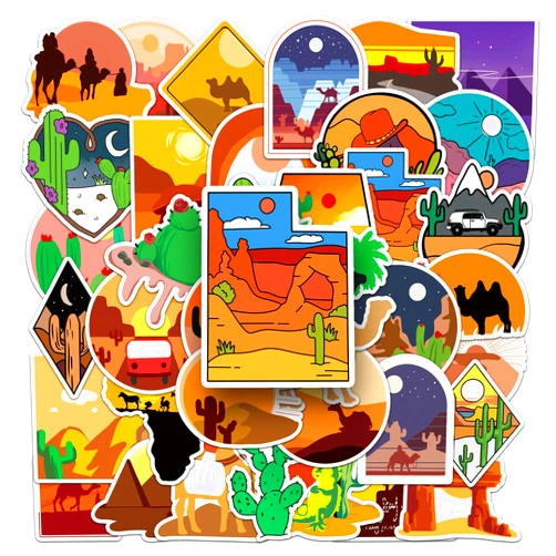 LYLSDSB 50 Pcs Desert Stickers Vinyl Desert Adventure Travel Stickers for Water Bottle Laptop Luggage Skateboard Computer Scrapbooking Journal,Waterproof Cute Cactus Camel Stickers for Teens Adults