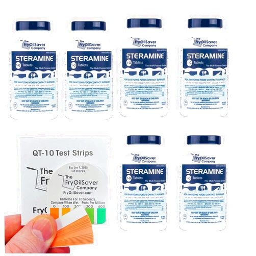 THE FRYOILSAVER COMPANY Steramine Sanitizing Kit, Steramine Sanitizing Tablets, Multi Purpose Sanitizer Tablets for Gyms, Bar & Restaurants, Include 1x Test Kit of 30 QT-10 Test Strips by FryOilSaver Co. 6 Pack (900 Tablets)