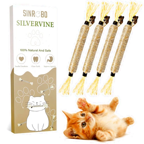 SINROBO 4 Pack Silvervine Sticks for Cats - Cat Chew Toy for Teeth Cleaning, Edible Matatabi Kitty Chew Sticks, Catnip Cat Toys for Indoor Cats (4 Sticks)