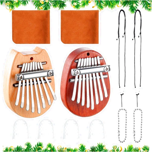 eBoot 10 Pieces 8 Keys Mini Piano Set Include Finger Thumb Piano with Lanyard Chain, Finger Protector and Cleaning Cloth Christmas Gift for Adults Beginners(Wood,Oval, Cat Shaped)