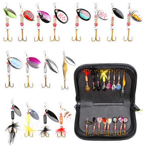 AGOOL Fishing Lure Kit 16pcs Spinners Rooster Bait Tail for Trout Bass Pike Perch - Hard Metal Lures With Portable Carry Bag