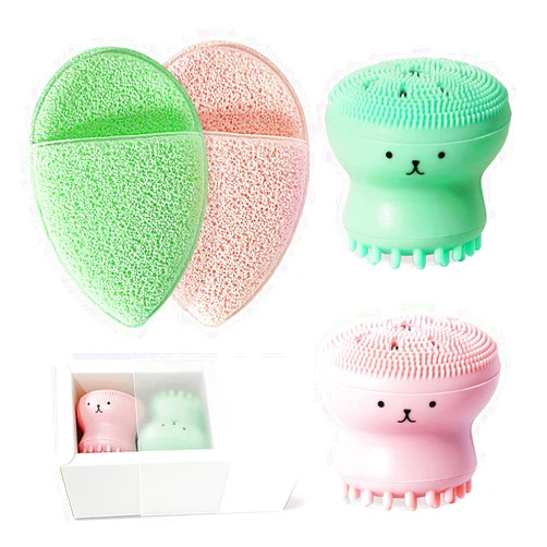 SPOVE 2pcs Jellyfish Silicone Manual Facial Cleansing Brush Sets + 2pcs Cleansing Sponge Facial Flutter Wash Face Pad Brushes, Silicone Handheld Face Brush, Massage,