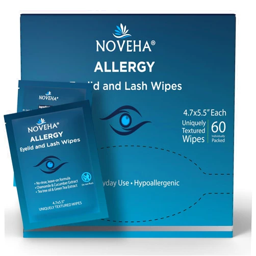 NOVEHA 60Pcs Allergy Relief Eyelid Wipes | Pre-moistened Hypoallergenic Eye Cleansing Pads, Reduce Itchiness, Redness & Discomfort Caused By Allergy, Clean, Soothe & Remove Debris (1 Pack)