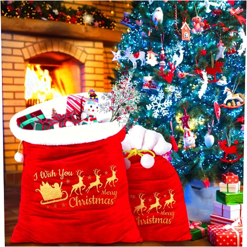 Wesnoy 2 Pcs Santa Christmas Velvet Bags with Drawstring in 2 Size Santa Gift Bags Large Christmas Sacks Gift Wrap Bags for Xmas Party Decoration (Red, Gold,44 x 36 Inches,20 x 28 Inches)