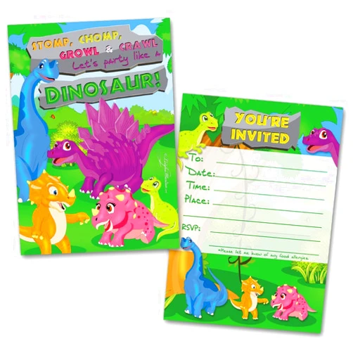 Leigha Marina Dinosaurs Party Invitation Cards for Kids, 20 Invites & 20 Envelopes - Fill in the Blank Greeting Notes - Multi-Use, Birthday, Themed Celebration