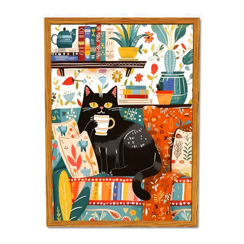 Marllifenney Framed Funny Black Cat Canvas Wall Art, Cute Cat Drinking Coffee on Sofa Pictures Wall Decor, Eclectic Animal Paintings Prints Boho Home Decor for Living Room Cafe Kitchen Bar 12x16 inch