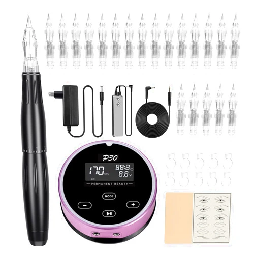 BIOMASER Permanent Makeup Machine Kit – BIOMASER P30 Permanent Tattoo Machine kit Microblading Machines with Swiss Motor Rotary Pen Mini Power Supply Cartridge Needles for Eyebrow Eyeliner Lip