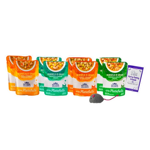 MerlinsMart Naturall Balances Platefulls Cat Food 4 Flavor 8 Pouch Variety, (2) Each: Chicken Pumpkin, Duck Chicken Pumpkin, Turkey Chicken Duck, Chicken Giblets (3 Ounces) Plus Catnip Toy and Zine Booklet Bundle