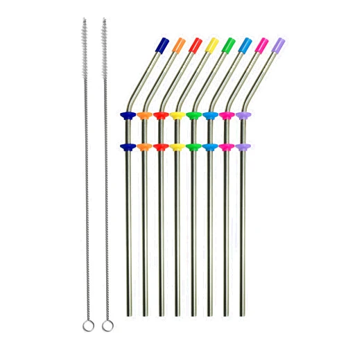 RAINIER Stainless Steel Metal Drinking Straws | Fits Yeti RTIC or Any 20 or 30 oz Tumbler| Extra Long Reusable Ecofriendly | Set of 8 Angled Straws with Silicone Silencers, Comfort Tips, 2 Brushes