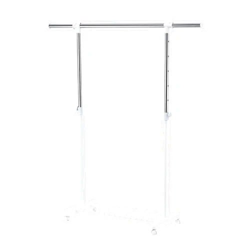 LiaMeE Adjustable Clothing Rack for Hanging Clothes, Heavy Duty Garment Rack with Wheels，Free Standing Rolling Clothes Rack with Shelf & Grid, White & Chrome