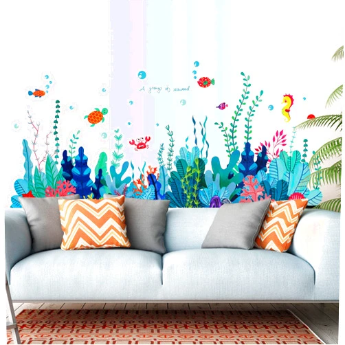 RAINBOW WSK Removable 3D Under The Sea View Grass Wall Decal DIY Ocean Coral Seaweed Wall Stickers Murals Peel and Stick Home Wall Decor for Kids Bedroom Bathroom Girl Nursery Wall Corner Decoration