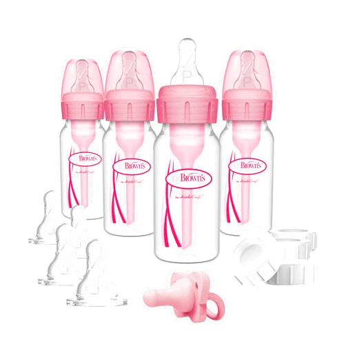 Dr. Brown's Anti-Colic Baby Feeding Set with Slow Flow Nipples, Travel Caps, Silicone Pacifier - Pink